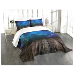 Ambesonne Galaxy Bedspread, Outer Space View from Rustic Wooden Deck Blue Nebula Star Night, Decorative Quilted 3 Piece Coverlet Set with 2 Pillow Shams, Queen Size, Black Blue Brown Purple