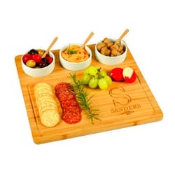 Picnic at Ascot Custom Personalized Engraved Bamboo Cheese/Charcuterie Cutting Board - Includes 3 Ceramic Bowls with Bamboo Spoons - Cheese Markers - Designed & Quality Checked in the USA
