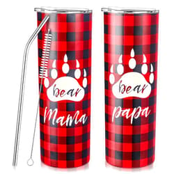 Uiifan 2 Pcs Gifts for Parents Mama Bear and Papa Bear Tumblers with Lid and Straw 20 oz Mama Bear Mug Papa Bear Mug Buffalo Plaid Travel Coffee Cup for Mom Dad New Parents Women Men