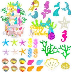 DRWATE 39 PCS Mermaid Cake Topper Glitter Mermaid Theme Birthday Cake Topper with Starfish Conch Seahorse Shell and Seaweed for Birthday Party, Baby Shower, Wedding, Mermaid Cake Decorations