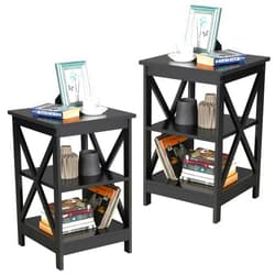 Yaheetech Black End Table Set of 2, 16x16x24 in Sturdy 3-Tier Side Tables with Storage Shelf & Solid Wood Legs, 2Pcs X-Design Modern Sofa Side Table for Living Room Office, Easy Assembly