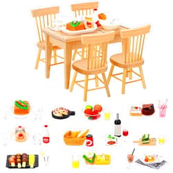 HyDren 74 Pcs 1:12 Scale Dollhouse Miniature Food with Wooden Dollhouse Furniture of Table and Chair, Dollhouse Kitchen Accessories Sets Include Mini Milk Juice Knife Fork Spoon Dessert Cake BBQ