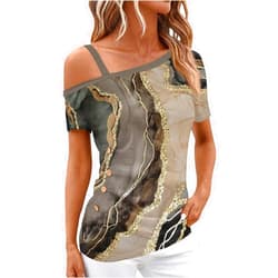 XPSJBBB Ladies Tops and Blouses One Shoulder Sexy Cold Shoulder Tees Summer Short Sleeve T-Shirts Vacation Hawaiian Shirt