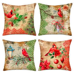 Doitely Set of 4 Vintage Red Cardinal Birds Throw Pillow Covers 18x18 Inch Square Linen Holly Plant Poinsettia Stamp Decorative Pillowcase Farmhouse Cushion Covers for Home Bedroom Sofa