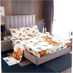 Feelyou Highland Cattle Bed Sheet Set Cows Fitted Sheet Flowers Leaves Bedding 1 Sheet & 1 Flat Sheet & 2 Pillowcases Full Size
