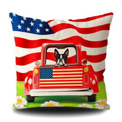 MALIHONG July 4th Throw Pillow Cover Peeking Dog Boston Terrier in Red Retro Truck USA Flag Background Daisy Pillowcase for Sofa Bed 20x20 Inch
