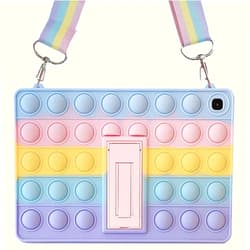 IZi Way Pop it Tablet Case for Samsung Galaxy Tab A7 10.4 2020 Kids Girl | SM-T500 / T505 / T507, Fidget Toy Puppet Poppet Push Bubble Silicone Cover Stand Strap for Samsung Tablet Tab A7 - Rainbow