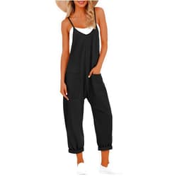 Buauty Jumpsuits for Women Casual V Neck Sleeveless Baggy Overalls Spaghetti Strap Jumpers with Pockets Summer Romper Clothes