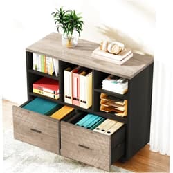 Tribesigns 2-Drawer Wood File Cabinet, Mobile Lateral Filing Cabinet for Hanging Letter Size Files, Printer Stand with Open Storage Shelves for Home Office (Gray & Black)