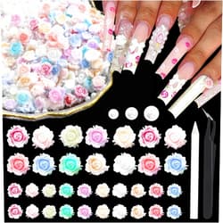 RODAKY 600Pcs Flower Nail Charms and Flatback Pearls,Mixed Size 3D Rose Flowers Nail Charms for Acrylic Nail Supplies Design,White Half Pearls for Nail Jewelry DIY Crafts Nail Art Decoration Accessories