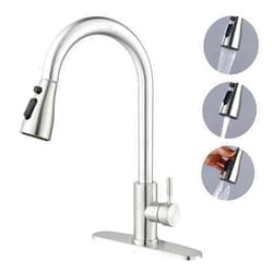 MAYYAYA Commercial Kitchen Faucet with Pull Down Sprayer, Brushed Nickel | High Arc Single Handle, 360° Swivel, Stainless Steel, 1 or 3 Hole Deck Mount- Deck Plate Included(Scrape-Model)