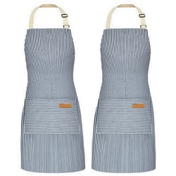 NLUS 2 Pack Cooking Aprons for Women with Pockets, Adjustable Kitchen Bib Aprons Chef Aprons for Women Men(Blue Pinstripes)