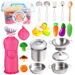 Juboury Kitchen Pretend Play Toys with Stainless Steel Cookware Pots and Pans Set, Cooking Utensils, Apron & Chef Hat, Cutting Vegetables for Kids, Girls, Boys, Toddlers