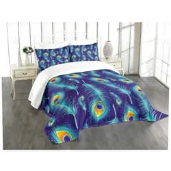 Ambesonne Peacock Bedspread Set, Graphic Peacock Bird Feathers Background Designed Image, 3 Piece Decorative Bedding Coverlet and 2 Pillow Shams, Queen Size, Navy Blue Orange