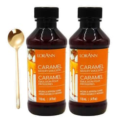Moofin LorAnn Caramel Emulsion, 4 oz - Rich Caramel Extract Flavoring Bundle with Moofin Stainless Steel Spoon , Buttery, and Sweet Caramel Flavoring for Baking Cakes, Cookies & Desserts, ~(Pack of 2)