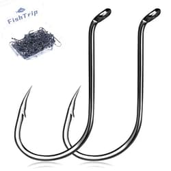 FishTrip Octopus Hooks Fishing Saltwater - 100pcs/50pcs Offset Beak Fish Hooks/Closed Eye/Barded/Black for Fishing Rigs Bass Catfish