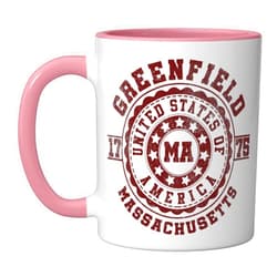 Apparel Greenfield Souvenirs - Massachusetts Greenfield MA | Massachusetts | Vintage City Apparels Ceramic Mug, Pink/White