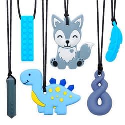 LeeYean Chew Necklaces for Sensory Kids, 6 Pack Fox and Dinosaur Silicone Chewing Necklace for Boys and Girls with Autism, ADHD, SPD, Sensory Chewy Toys for Autistic Children Reduce Anxiety Fidgeting