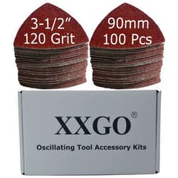 XXGO 100 Pcs 120 Grits 3-1/2 Inch 90mm Triangular Hook & Loop Multitool Sandpaper for Wood Sanding Fit 3.5 Inch Oscillating Multi Tool Sanding Pad XG9020120