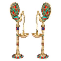 ARTVARKO Brass Pair of Bird Peacock Hanging Chain Diya Oil Lamp Stand, 9 Inches