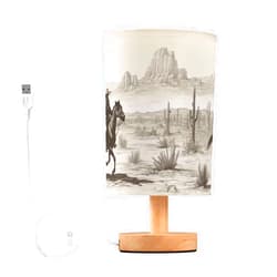 YEGAME Western Cowboy Bedside Table Lamp for Bedroom Nightstand, Small Eye Care LED Desk Reading Lamp USB Port Wood Base Round Flaxen Fabric Shade for for Kids Room Living Room Office Desk