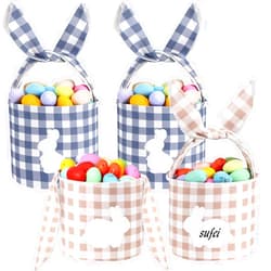 Paterr 4 Pack Easter Bunny Baskets Canvas Cotton Easter Egg Hunt Baskets with Foldable Rabbit Ears Handle DIY Empty Fluffy Tails Embroidered Bunny Buckets for Party Decorations Candy Gifts Storage