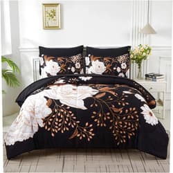 Yogeneg 5 Piece Bed in a Bag Twin Size Comforter Set Botanical Floral Bedding Set,White Flower Leaves Printed on Black Reversible Design,Soft Microfiber Comforter with Sheet Set,All Season(Black,Twin)