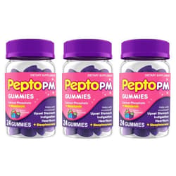 Pepto Bismol Pepto PM Gummies with Melatonin for Sleep Support, Fast and Effective Digestive Relief from Heartburn, Indigestion, Upset Stomach and Sleeplessness - Berry Flavor, 24 Ct (Pack of 3)