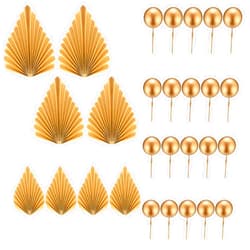 Xujinsongg 20 Pcs Gold Balls Cake Toppers, 8 Pcs Gold Palm Leaves Cake Decorations, Foam Balls Paper Palm Leaf Cake Toppers Insert Decorations for Birthday Baby Shower Wedding Party Decorations