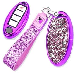 Flyfox Royalfox 3 4 5 6 Buttons 3D Bling Girly Fashion keyless Remote Smart Key Fob case Cover for Infiniti Nissan Murano Pathfinder Maxima Lannia Altima Sentra Rogue Armada (Purple case with Keychain)