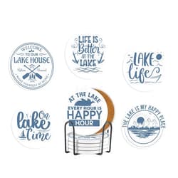 Onebttl Lake House Gifts, Lake Theme Coaster for Drinks, Set of 6, Lake Gifts for Women & Men, Lake Stuff for Lake Lovers, Lake Theme Bar Coasters - Lake Sayings
