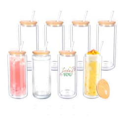 YOUKE OLA 8 Pack Pre Drilled Glass Can Shaped Blank Double Wall Glass Cans with Rubber Stopper Bamboo Lid & Straws for Snow Globe Glitter DIY 16oz