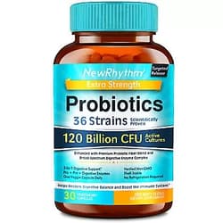 NewRhythm Extra Strength Probiotics 120 Billion CFU 36 Strains, 3-in-1 Digestive & Immune Support with Prebiotics & Enzymes, Targeted Release, Stomach Acid Resistant, No Refrigeration, Non-GMO, Vegan