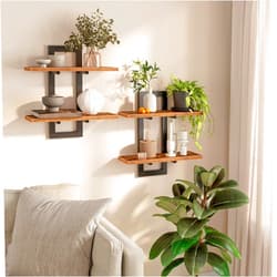 HOOBRO Floating Shelves, 15 Inch Wall Shelf Set of 2, Wall Mounted Storage Shelves 2-Tier, Hanging Bathroom Shelves, for Living Room, Bedroom, Bathroom, Kitchen, Rustic Brown and Black BF32BJ01