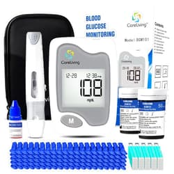 CARELIVING BGM101 Blood Glucose Monitor Kit, 100 Test Strips, 100 Lancets, 1 Blood Glucose Meter, 1 Lancing Device, Diabetes Testing Kit, Portable Blood Sugar Test Kit, Glucometer Kit for Home