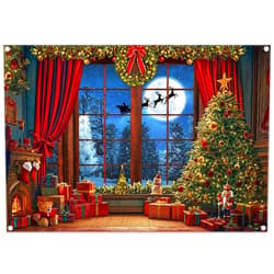 ZTHMOE Fabric 7x5ft Christmas Window Photography Backdrop Winter Merry Xmas Tree Gift Background Night Snow Party Decoration Holiday Photo Banner Props