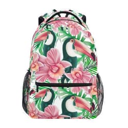 QUGRL Spring Parrots Pink Flower School Backpack for Girls Boys Summer Birds Leaf Large Bookbag Laptop Computer Bag Casual Hiking Travel Daypack Backpack Schoolbag for Teens College 16 Inch