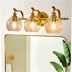 ANDY STAR Bruhsed Gold Bathroom Light Fixtures, Gold 3 Light Bathroom Vanity Lights, 3 Lights Wall Light with Globe Clear Lampshade, Vintage Brass Sconce with Metal Lamp Body for Bedroom, Living Room