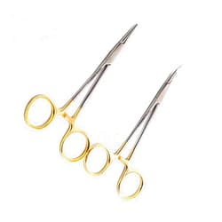 Cynamed Premium German Stainless- Set of 2 PCS Gold Handle Mosquito Locking HEMOSTAT Forceps Straight + Curved 5
