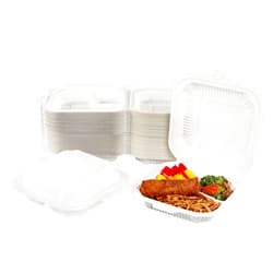 Lot45 Dinner to Go Boxes for Food - 8in Clamshell Food Containers, Cornstarch 3 Dividers Disposable Take Out Box 100pk
