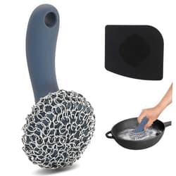 TMEDW Cast Iron Scrubber with Long Handle | 316 Cast Iron Cleaner Chainmail Scrubber for Cast Iron Pan Skillet Cleaner - Dish Scouring Pad Dishwasher Safe Cleaning Kit (Grey, 1 Scrubber + 1 Scraper)