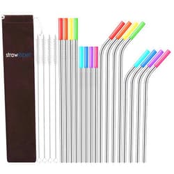 StrawExpert Set of 16 Reusable Stainless Steel Straws with Travel Case Cleaning Brush Silicone Tips Eco Friendly Extra Long Metal Straws Drinking for 20 24 30 oz Tumbler