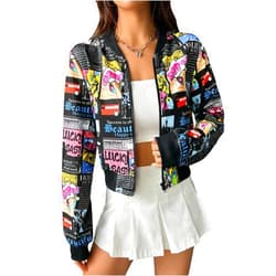 WDIRARA Women's Newspaper Graphic Print Zipper Front Long Sleeve Baseball Bomber Jacket