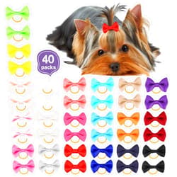 Chenkou Craft New 40pcs(20pairs) Puppy Yorkie Dog Hair Bow Pure Ribbon with Rubber Band 40mm Pet Grooming Products Mix Colors Varies Patterns Pet Hair Bows (Pure Ribbon Rubber Bow)