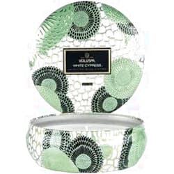 Voluspa White Cypress, 3 Wick Tin Candle, 12 Ounce, 40 Hour Burn Time, All Natural Wicks and Coconut Wax for Clean Burning, Vegan, Poured in The USA