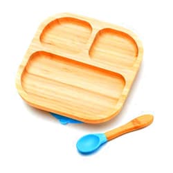 Youkoo kitchen Baby Toddler Stay Put Dish, Kids Suction Plate, Bamboo Cute Dinnerware (Blue)