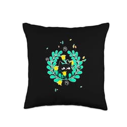 Visit The Feline Serenity Apparel CUTE BLACK KITTEN CAT GREEN WREATH Cute Angelic Serene Throw Pillow