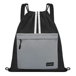 Vorspack Drawstring Backpack - Drawstring Bag with Front Pocket Lightweight String Backpack with Reflective Strips Cinch Bag Sackpack for Gym Sport Trip Hiking - Black