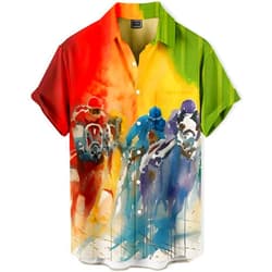 DADDYLOCO Men's Hawaiian Button Down Shirt, Duck Beer Print, Short Sleeve, Navy Blue and Gold