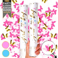 PRIMEPURE Gender Reveal Confetti Cannon - 2 Pack - Butterfly Shape Pink Gender Reveal Cannons | Baby Gender Reveal Poppers | Girl Gender Reveal Pink Party Popper Confetti Shooter | Pink Confetti Poppers Blaster